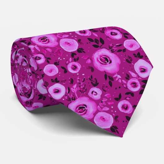 ベリーマゼンタの水彩花模様 ネクタイ (ロール)