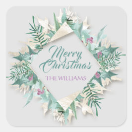 ベリーメリークリスマスハッピーホリデイズダイヤモンドグレー スクエアシール
