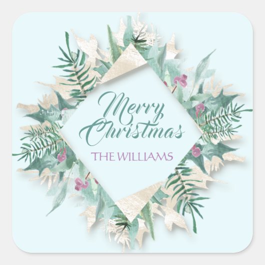ベリーメリークリスマスハッピーホリデイズダイヤモンドブルー スクエアシール (正面)