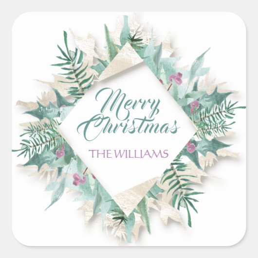 ベリーメリークリスマスハッピーホリデイズダイヤモンドホワイト スクエアシール (正面)