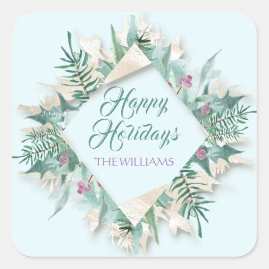 ベリーメリークリスマスハッピーホリデイズブルーミント スクエアシール (正面)