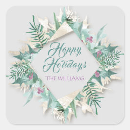ベリーメリークリスマスハッピーホリデーズグレーティール（緑がかった色） スクエアシール