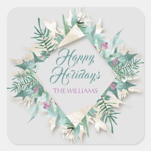 ベリーメリークリスマスハッピーホリデーズグレーティール（緑がかった色） スクエアシール (正面)