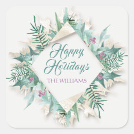 ベリーメリークリスマスハッピーホリデーズグレーミント スクエアシール
