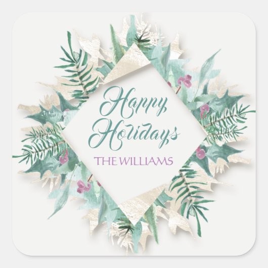 ベリーメリークリスマスハッピーホリデーズグレーミント スクエアシール (正面)