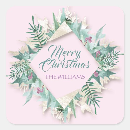ベリーメリークリスマスハッピーホリデーズダイヤモンドピンク スクエアシール (正面)