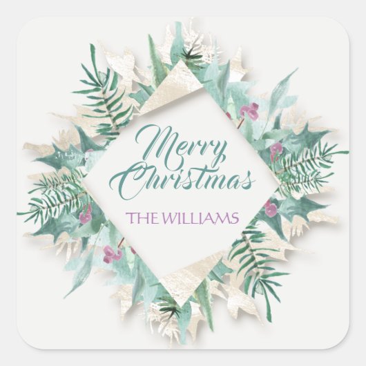 ベリーメリークリスマスハッピーホリデーズダイヤモンドフレーム スクエアシール (正面)