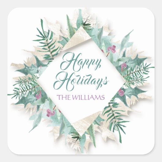 ベリーメリークリスマスハッピーホリデーズホワイトミント スクエアシール (正面)