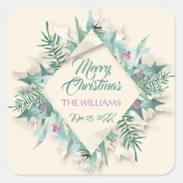 ベリーメリークリスマスフレームホリデイズアイボリーティール（緑がかった色） スクエアシール