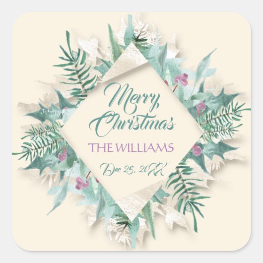 ベリーメリークリスマスフレームホリデイズアイボリーティール（緑がかった色） スクエアシール (正面)