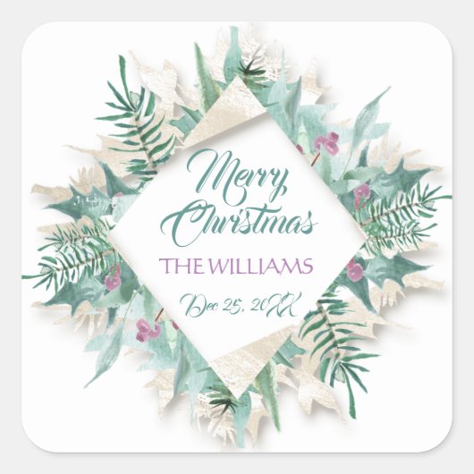 ベリーメリークリスマスホリデーズアイボリーホワイトミント スクエアシール (正面)