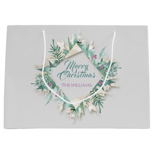 ベリーメリークリスマスホリデーズリースアイボリーティール（緑がかった色） ラージペーパーバッグ (正面)