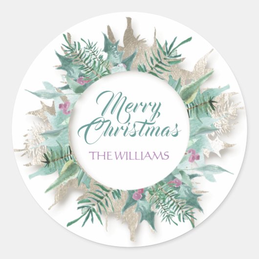 ベリーメリークリスマスホリデーズリースホワイトミント ラウンドシール (正面)