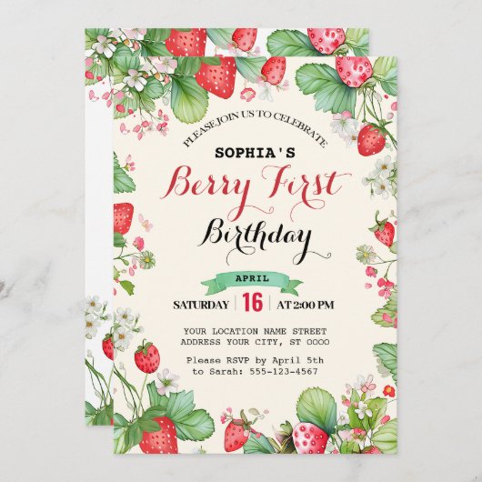 ベリーラブリーファースト誕生日 招待状 (正面/裏面)