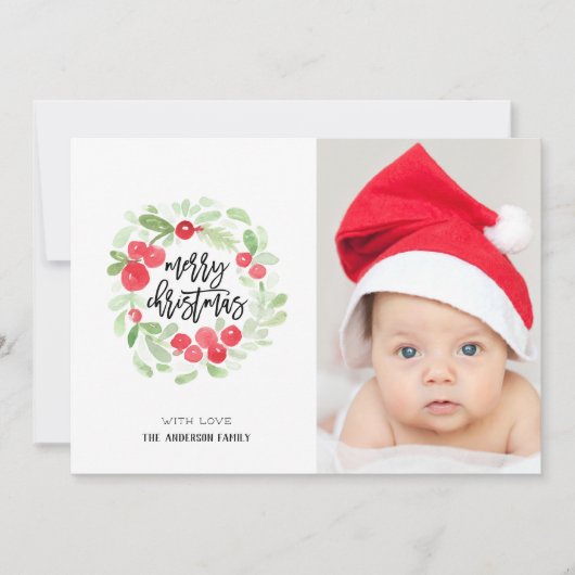 ベリーリースメリークリスマスウォーターカラー写真 シーズンカード (正面)