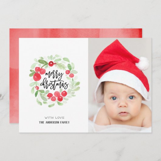 ベリーリースメリークリスマスウォーターカラー写真 シーズンカード (正面/裏面)