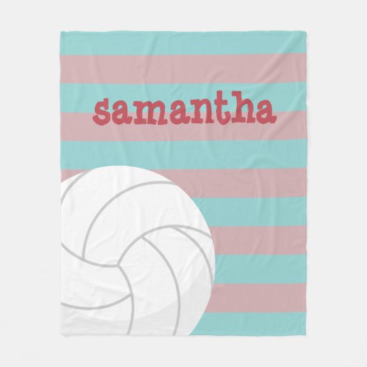 ベリーレッドとアクアジャイアントバレーボールストライプの フリースブランケット (正面)