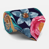 ベリーレッドネイビーマスタードウォーター色フラワーアート ネクタイ (ロール)