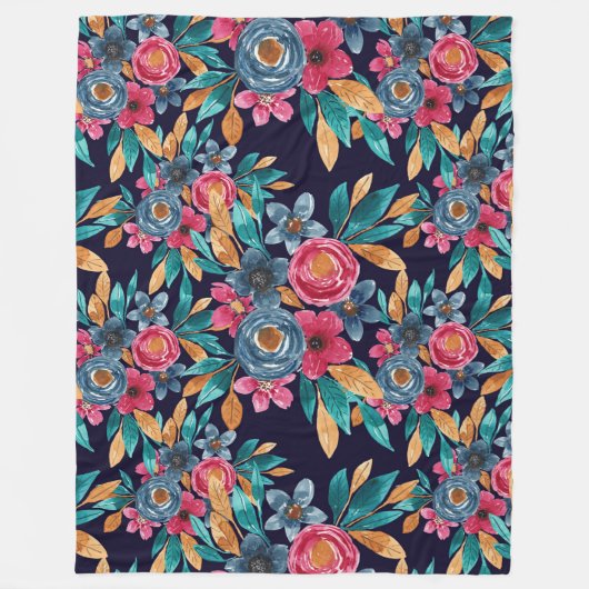 ベリーレッドネイビーマスタードウォーター色フラワーアート フリースブランケット (正面)
