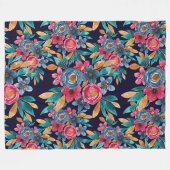 ベリーレッドネイビーマスタードウォーター色フラワーアート フリースブランケット (正面(横))