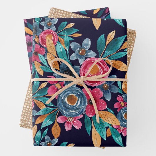 ベリーレッドネイビーマスタードウォーター色フラワーアート ラッピングペーパーシート (インサイチュ)