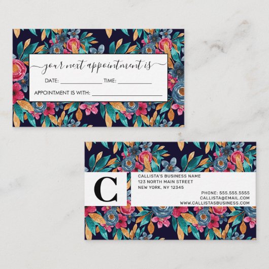 ベリーレッドネイビーマスタードウォーター色フラワーアート 予約カード (正面/裏面)