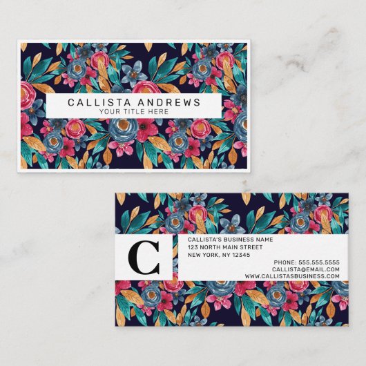 ベリーレッドネイビーマスタードウォーター色フラワーアート 名刺 (正面/裏面)