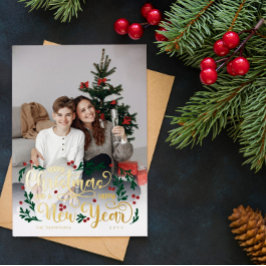 ベリー写真メリークリスマスハッピーニューイヤー 箔シーズンカード