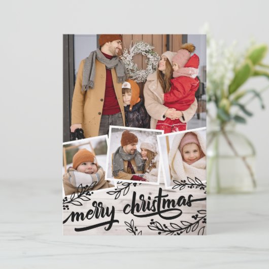 ベリー小枝淡い色の木写真コラージュメリークリスマス シーズンカード (スタンド正面)