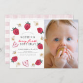 ベリー最初のイチゴフローラ1st誕生日の写真 招待状 (正面/裏面)