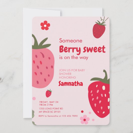 ベリー甘いピンクと赤イチゴの赤い赤いシャワー 招待状 (正面)