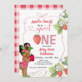 ベリー甘いワンストロベリーハンドドロン1歳の誕生日 招待状 (正面/裏面)