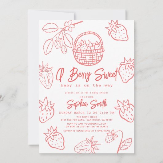 ベリー甘い手描きイチゴ女の子ベビーシャワー 招待状 (正面)