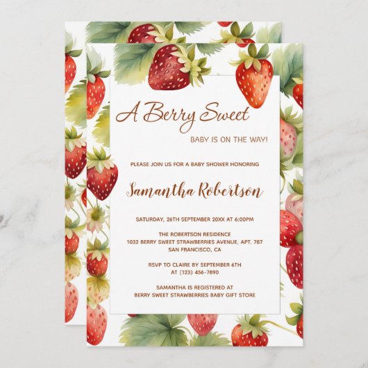 ベリー甘い水の色イチゴの赤ちゃんシャワー 招待状 (正面/裏面)