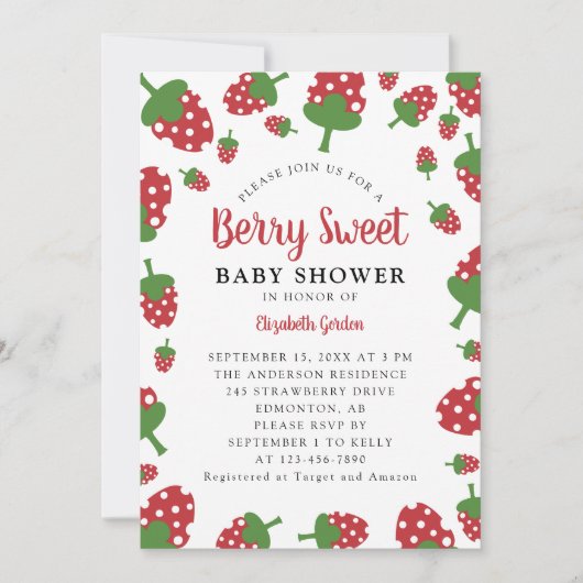 ベリー甘い赤ちゃんシャワーストロベリーモダンかわいい 招待状 (正面)