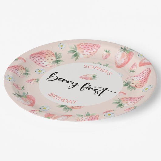 ベリー第1のイチゴ子供の誕生日 ペーパープレート (アングル)