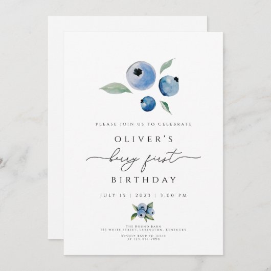 ベリー誕生日招待状、ブルーベリー1st誕生日 招待状 (正面/裏面)