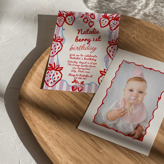 ベリー1手描きストロベリーフォト誕生日 招待状