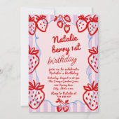 ベリー1手描きストロベリーフォト誕生日 招待状 (正面)