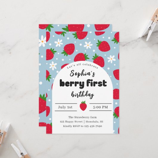 ベリー1歳の誕生日の招待状 招待状 (正面/裏面インサイチュ)