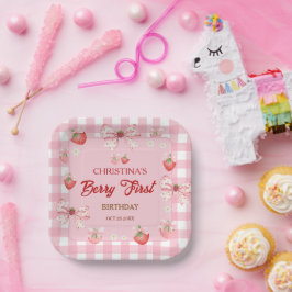 ベリー1歳の誕生日 ピンクのストロベリーギンガム ペーパープレート