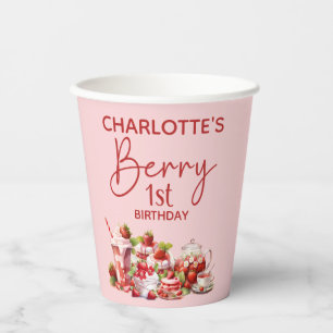 ベリー1歳の誕生日 ピンク レッド ストロベリー 名前入り 紙コップ