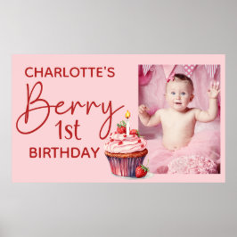 ベリー1歳の誕生日 ピンク 赤いイチゴ 名前 写真 ポスター