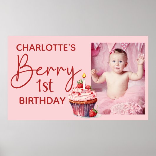 ベリー1歳の誕生日 ピンク 赤いイチゴ 名前 写真 ポスター (正面)