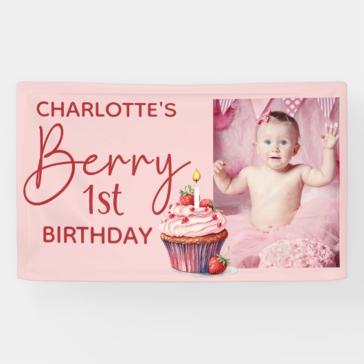 ベリー1歳の誕生日 ピンク 赤いイチゴ 名前 写真 横断幕 (横)