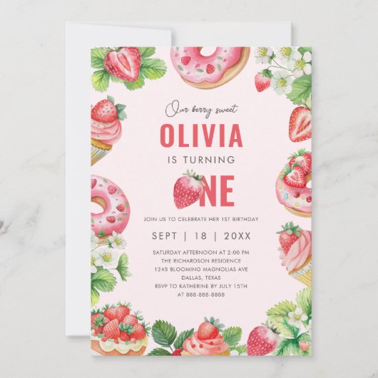 ベリー1stバースデーピンクスイートストロベリーガール 招待状 (正面)