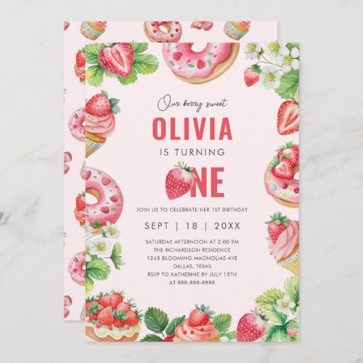 ベリー1stバースデーピンクスイートストロベリーガール 招待状 (正面/裏面)