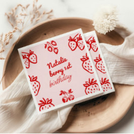 ベリー1stピンク手描きストロベリーガール誕生日 スタンダードカクテルナプキン