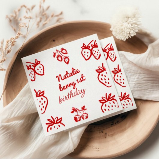 ベリー1st手描きストロベリーガールおもしろい誕生日 スタンダードカクテルナプキン