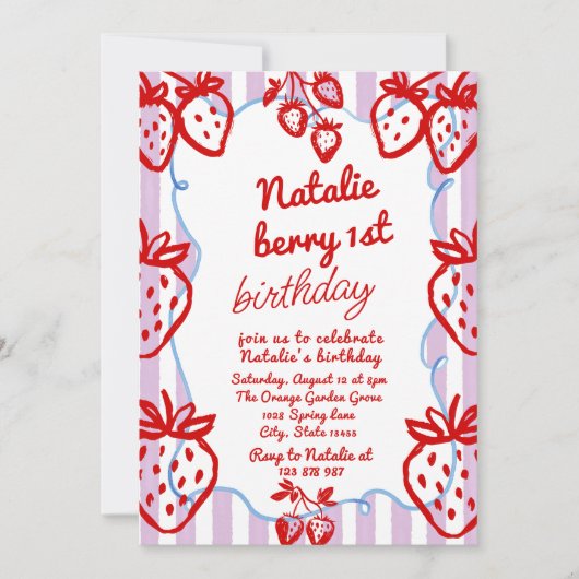 ベリー1st手描きストロベリーガールおもしろい誕生日 招待状 (正面)